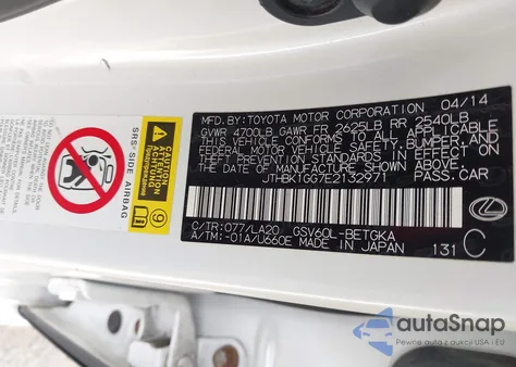 2014 Lexus Es 350 z USA, uszkodzony, nr VIN JTHBK1GG7E2132971